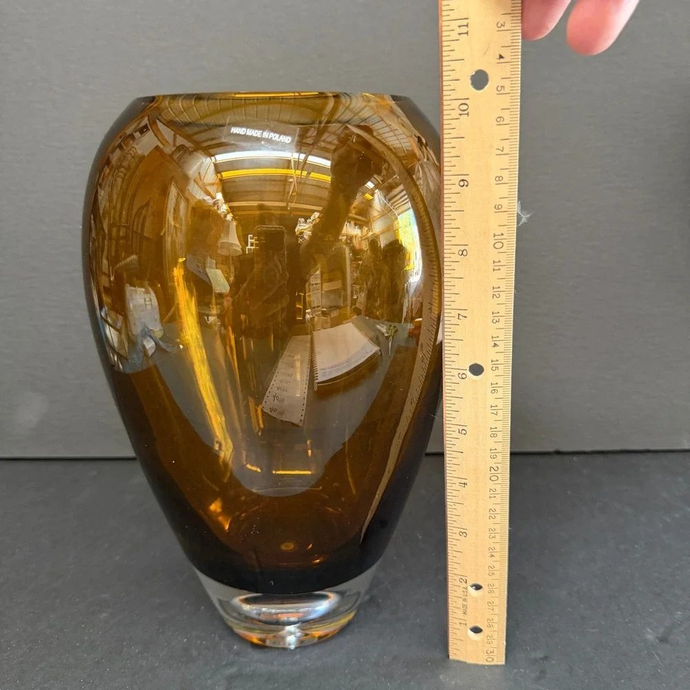Amber Poland Poland Vase Hand Blown Amber Glass Heavy Base Teardrop 10.5in